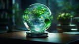 Glass globe with a holographic display of innovative green energy inventions, highlighting technological advancements in the field