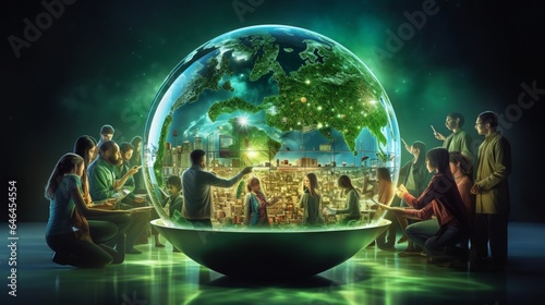 Glass globe surrounded by holographic representations of green energy enthusiasts from diverse cultures  promoting global collaboration for sustainability
