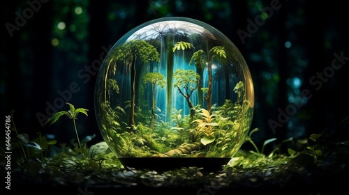 Image of a glass globe set within an otherworldly forest filled with bioluminescent flora, evoking a sense of wonder about the potential of sustainable lighting