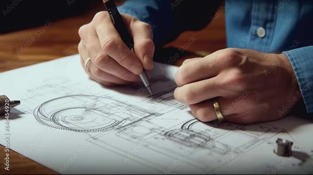 Engineer technician designing drawings mechanical parts engineering Engine Engineer technician designing drawings mechanical parts engineering Engine
