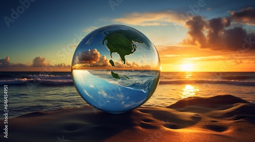 An image of a glass globe floating above a serene ocean at sunset  with wind turbines and solar panels visible on the horizon  symbolizing the beauty of marine and solar energy