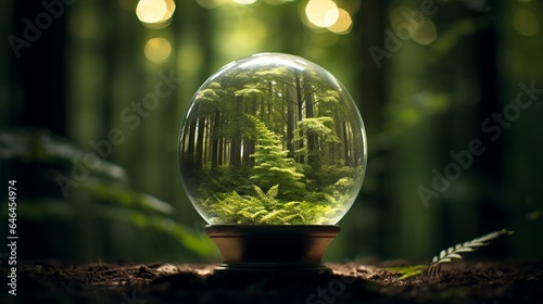 An image of a glass globe emitting a soft, calming light in a dark forest, symbolizing the tranquility of sustainable illumination