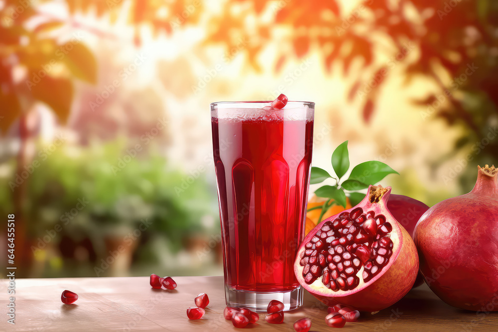 Glass of tangy pomegranate juice with a vibrant pomegranates fruits and garden with tree in the Blurred background.
Glass of tangy pomegranate juice with a vibrant pomegranates fruits and garden with tree in the Blurred background.