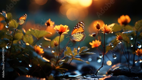 flowers and butterflies sunrise orange bokeh background