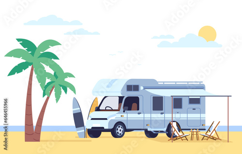 Motorhome stands on beach next to palms and surfboards. Caravan camper. Automobile camping van. Summer vacation. Car trailer. Driving voyage vehicle. Surfing and sunbathing. Vector concept