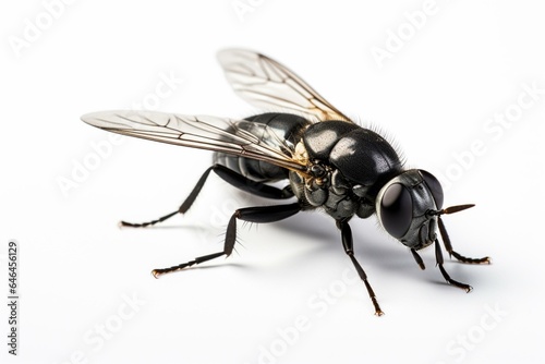 High-definition close-up of black soldier fly on white background. Generative AI