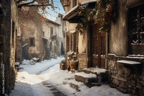Gorgeous ancient snow-coated alley. Artistic creation. Generative AI