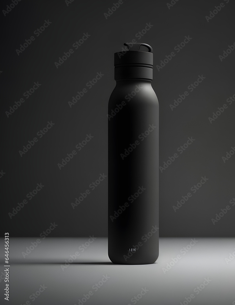A minimalist composition featuring the translucent black glass water bottle on a clean, white surface with dark lighting, highlighting the sleek design and the protective sleeve.