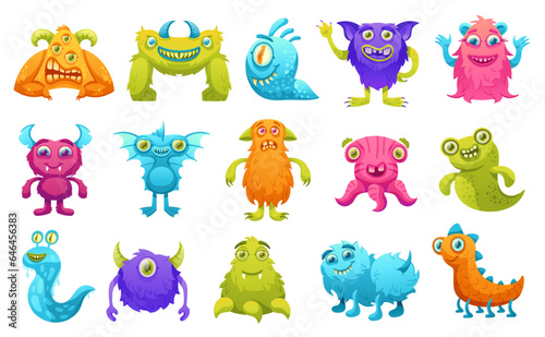 Cartoon monsters. Colorful funny creatures, furry monster and cute space animal characters vector illustration set