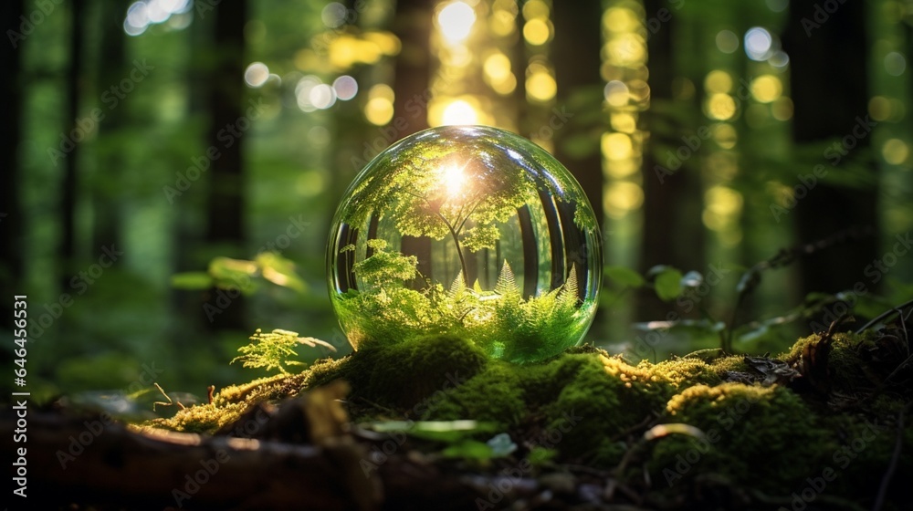 Glass globe emitting a warm, inviting light in a tranquil forest clearing, symbolizing the peacefulness of sustainable illumination Glass globe emitting a warm, inviting light in a tranquil forest clearing, symbolizing the peacefulness of sustainable illumination