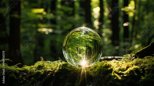 Glass globe emitting a warm, inviting light in a tranquil forest clearing, symbolizing the peacefulness of sustainable illumination