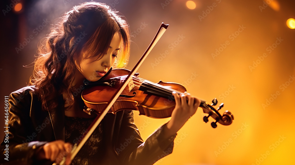 Fototapeta premium A young Asian woman playing violin on stage. Musical concept. telephoto lens realistic dark lighting generative ai