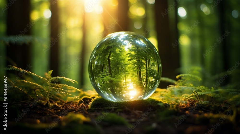 Glass globe emitting a warm, inviting light in a tranquil forest clearing, symbolizing the peacefulness of sustainable illumination - obrazy, fototapety, plakaty 