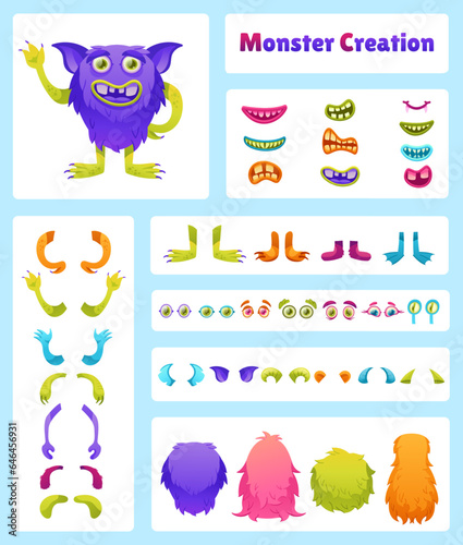 Cartoon monster creation kit. Creature characters constructor with monsters eyes, mouths, horns, bodies, hands and foots to create your own alien animal vector
