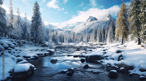 Creek in a Snowy Valley, Generative AI Illustration