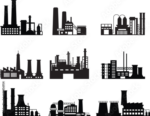 Set of Industry business buildings. Industrial warehouse, manufacturing factory and factories exterior silhouettes