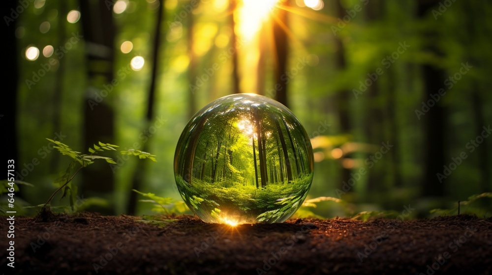 Glass globe emitting a warm, inviting light in a tranquil forest clearing, symbolizing the peacefulness of sustainable illumination Glass globe emitting a warm, inviting light in a tranquil forest clearing, symbolizing the peacefulness of sustainable illumination