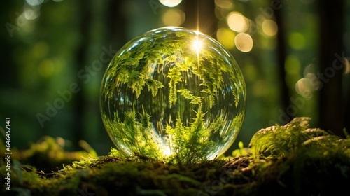 Glass globe emitting a warm, inviting light in a tranquil forest clearing, symbolizing the peacefulness of sustainable illumination
