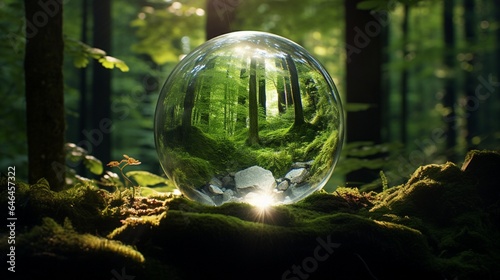glass globe emitting a warm, inviting light in a tranquil forest clearing, symbolizing the peacefulness of sustainable illumination