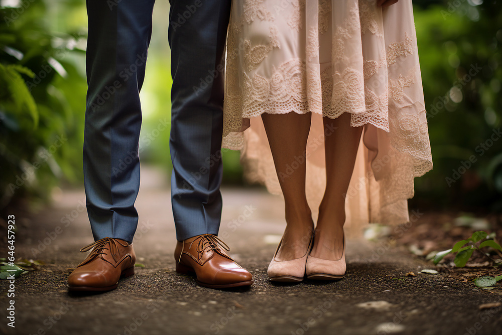 Close up generative AI photo of married people wife and husband in comfort shoes on wedding ceremony in the park