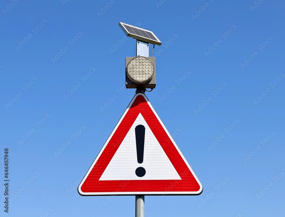 Solar panel powered traffic warning light above a triangle warning sign with exclamation point. Solar panel powered traffic warning light above a triangle warning sign with exclamation point.
