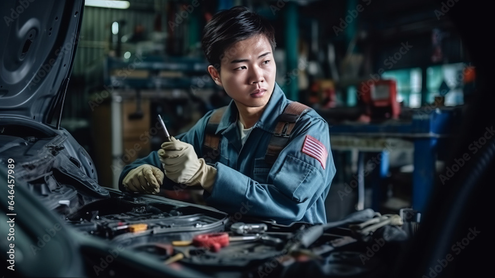 Asian mechanic checking the safety of a car. Maintenance of damaged parts in the garage. Maintenance repairs.generative ai Asian mechanic checking the safety of a car. Maintenance of damaged parts in the garage. Maintenance repairs.generative ai