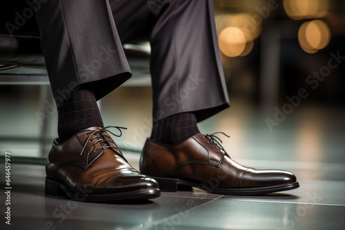 Close up generative AI photography of man going to the office in classic leather shoes
