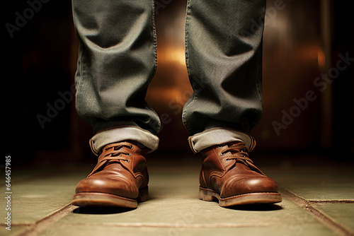 Close up generative AI photography of male legs in comfort fashionable leather warm shoes