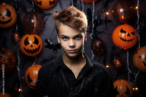 Creative collage generative ai photo of teen boy celebrate hhalloween night photo