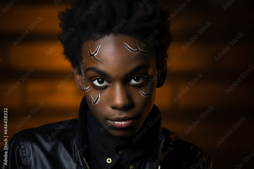Young sorcerer boy wearing wither suit costume halloween party night Generative AI content Young sorcerer boy wearing wither suit costume halloween party night Generative AI content