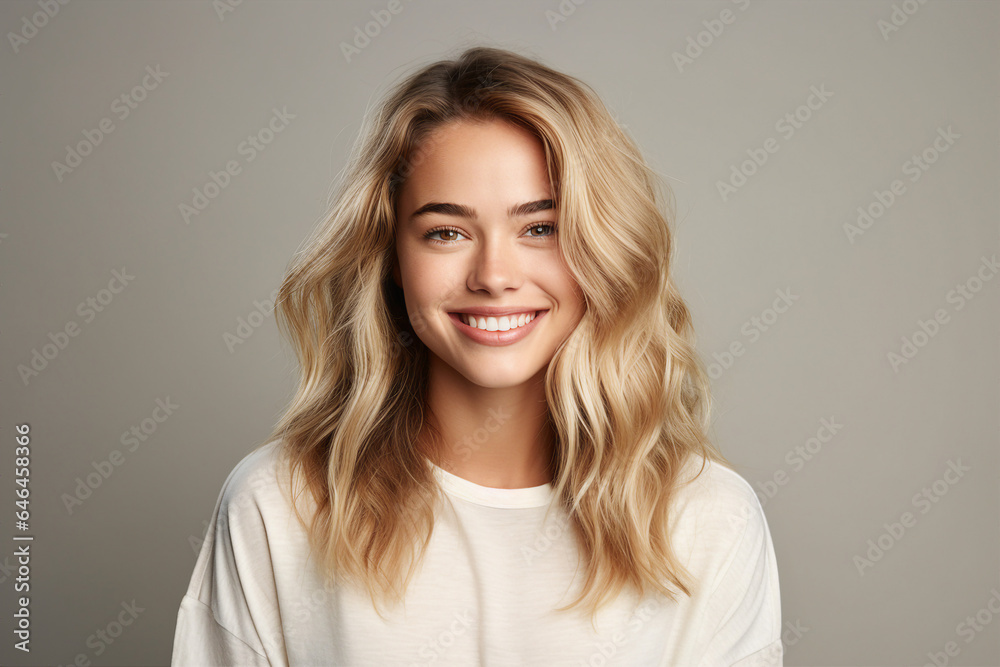 Generative AI illustration collage charming blonde woman smiling white teeth good mood isolated pastel color wall background