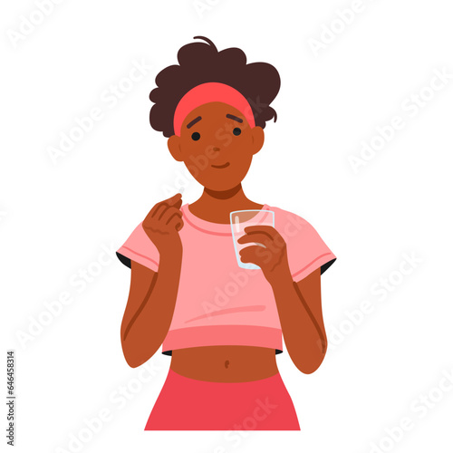 Young Black Female Character Holding Drug. Woman Poised With A Pill In One Hand And A Water-filled Glass In The Other