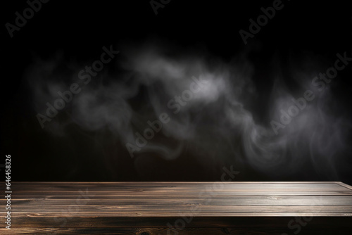 Dark scene room interior natural tree wooden table smoke illumination generative AI