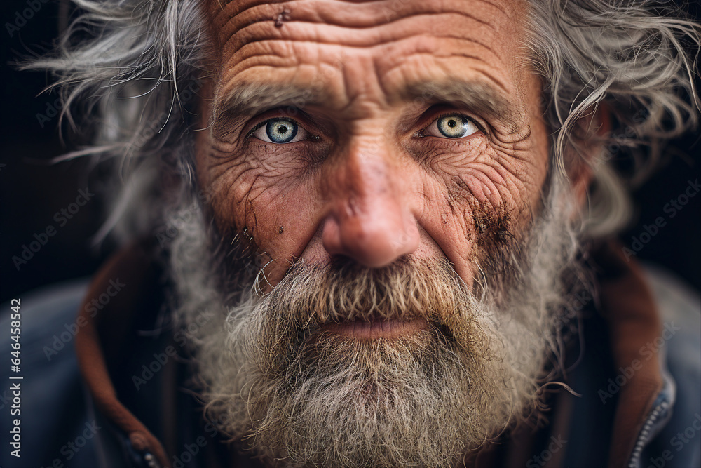 Close up picture of face old wise man with white beard homeless grandfather generative ai