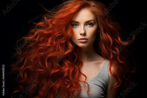 Generative AI portrait of fashion model red hair girl advertising hair coloring salon
