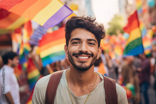 AI generated portrait of happy young guy standing for the legality lgbt on demonstration