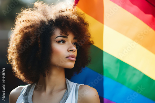 Generative AI illustration of delighted young hispanic woman with curly hair at a pride diversity isolated on colorful flag background