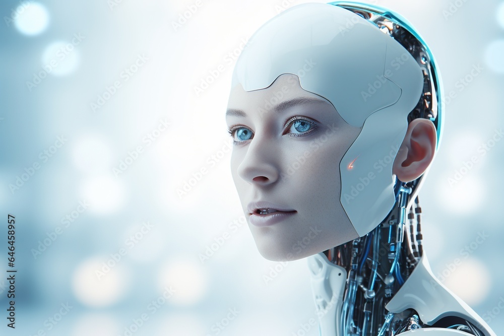 Portrait of a robot in a white futuristic interior,Artificial intelligence concept.Generative Ai Portrait of a robot in a white futuristic interior,Artificial intelligence concept.Generative Ai