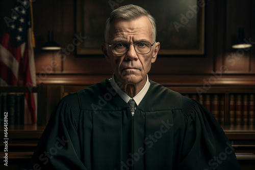 Portrait by generative AI of a confident professional man judge in a court of law listen to arguments and evidence © Tetiana