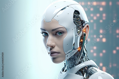 Portrait of a robot in a white futuristic interior,Artificial intelligence concept.Generative Ai