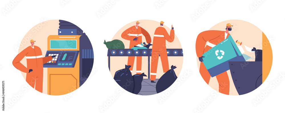 Isolated Round Icons Or Avatars Of Worker Characters Processing Garbage ...