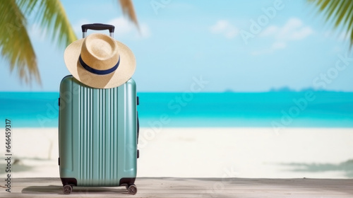 Blue luggage with palm trees on a sandy beach, View of a nice tropical beach, sea background, Holiday and vacation concept, Beautiful tropical island © chiew
