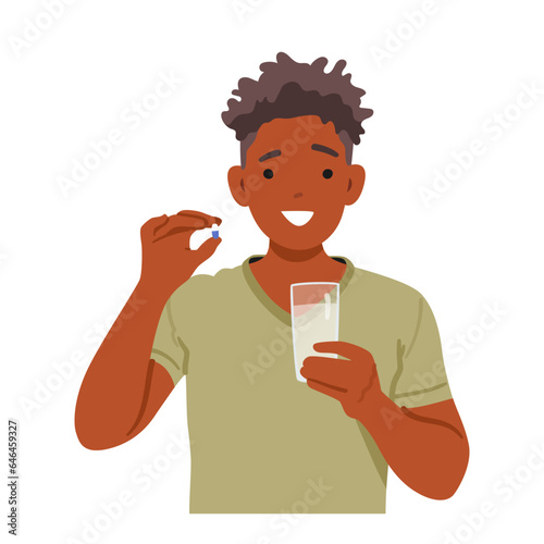 Youthful Man Poised With A Pill In Hand, Ready To Combine It With A Clear Glass Of Water, Black Male Character With Drug