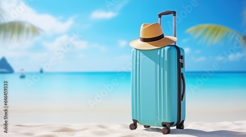Blue luggage with palm trees on a sandy beach  View of a nice tropical beach  sea background  Holiday and vacation concept  Beautiful tropical island