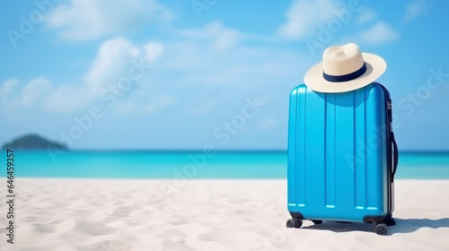 Blue luggage with palm trees on a sandy beach, View of a nice tropical beach, sea background, Holiday and vacation concept, Beautiful tropical island