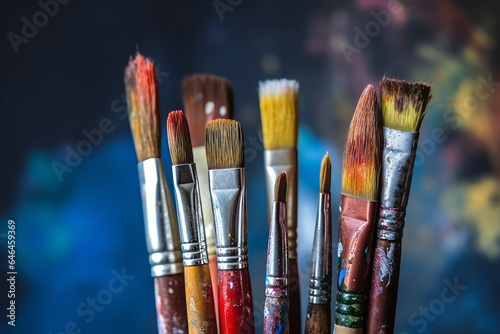 A bunch of brushes for painting with oil and acrylic paints. Artist paintbrushes in a artist studio.generative ai