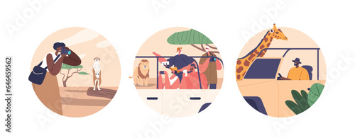 Isolated Round Icons or Avatars of Travelers on Safari, Embark On A Thrilling Jeep Expedition Across African Landscapes