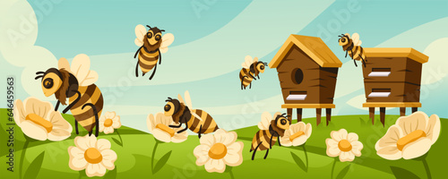 Cartoon apiary. Honey bees fly around hives and blooming flowers at flower meadow vector illustration