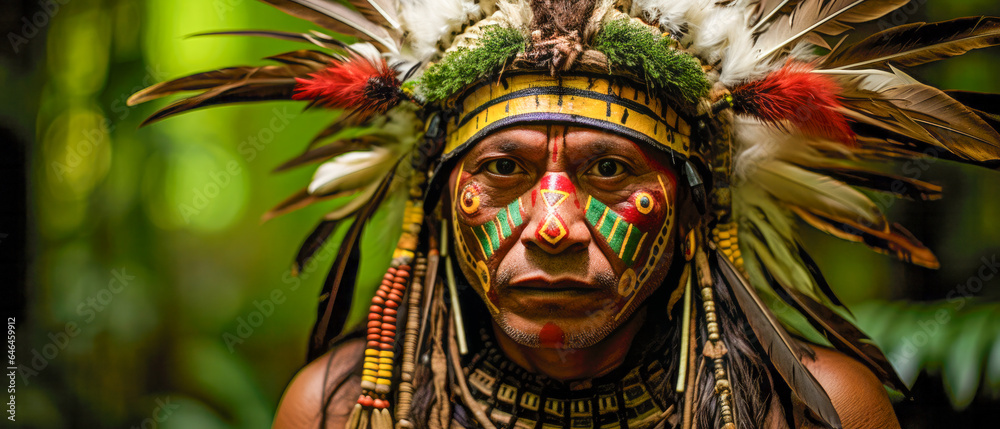A  headshot of a Shaman traditional healer in the Amazon rainforest. He's guided many ayahuasca tourists on spiritual journeys to explore consciousness.  
