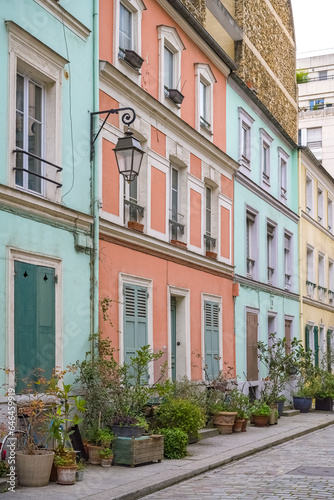 Paris, colorful houses rue Cremieux, typical street in the 12e arrondissement 